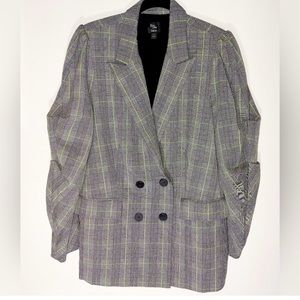 Bar III Women’s Gray Plaid Blazer  with Ruched sleeves.
